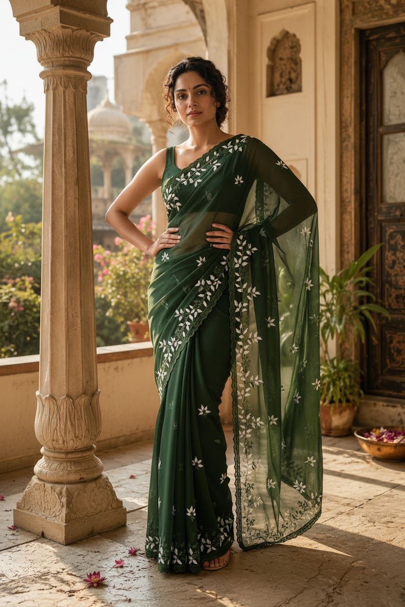Georgette Embroidery Work Floral Print Saree With Unstitched Blouse(Green)