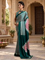 Satin Silk Ajrakh Printed Saree With Unstitched Blouse(Green)