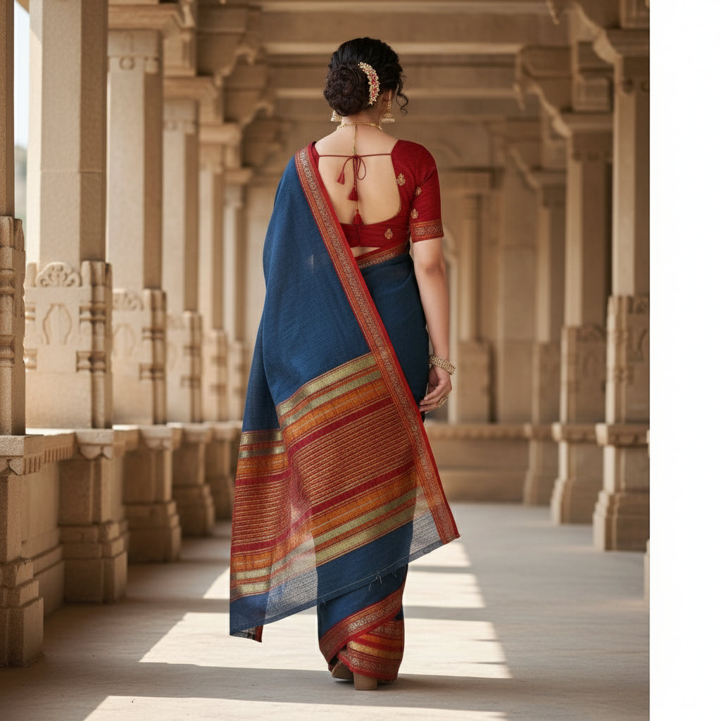 Women's Kota Doria Cotton Bordered Saree With Blouse (Navy Blue, 5-6 Mtrs) Kashvii
