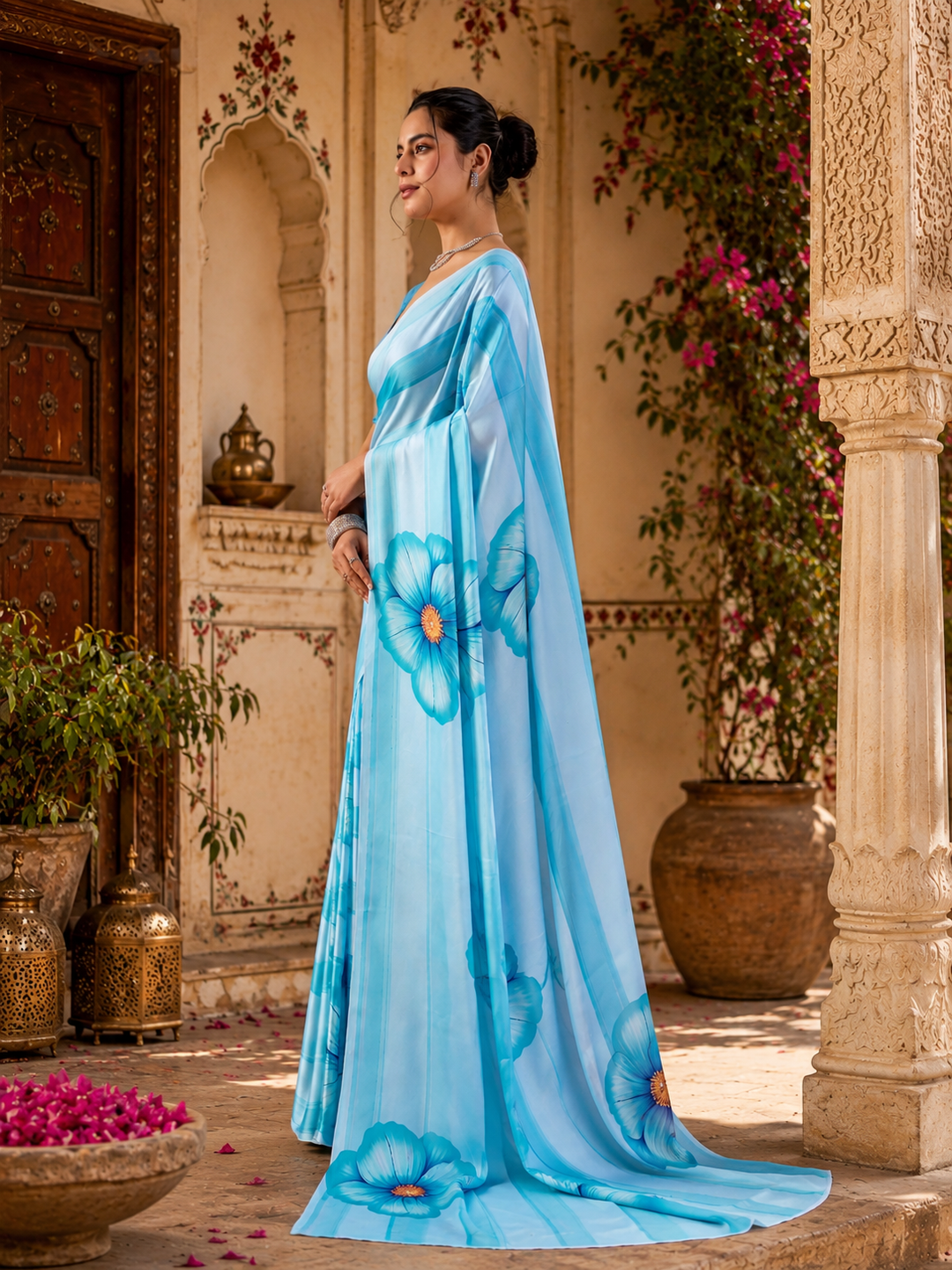 Elegant Soft Satin Georgette Saree With Unstitched Blouse(Blue)