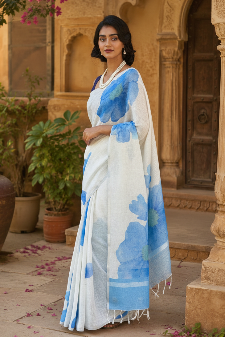 Linen Floral Printed Saree With unstitched Blouse(Blue)