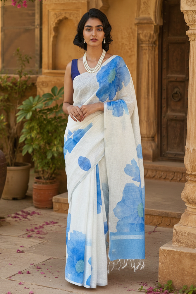 Linen Floral Printed Saree With unstitched Blouse(Blue)