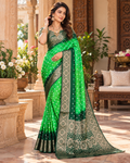 Satin Silk Bandhan Bhej Zari Border Work Saree With Unstitched Blouse(Green)