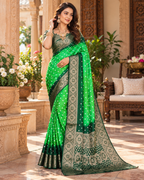 Satin Silk Bandhan Bhej Zari Border Work Saree With Unstitched Blouse(Green)