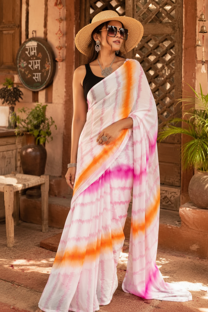 Georgette Ready To Wear Saree With Unstitched Blouse(Orange)