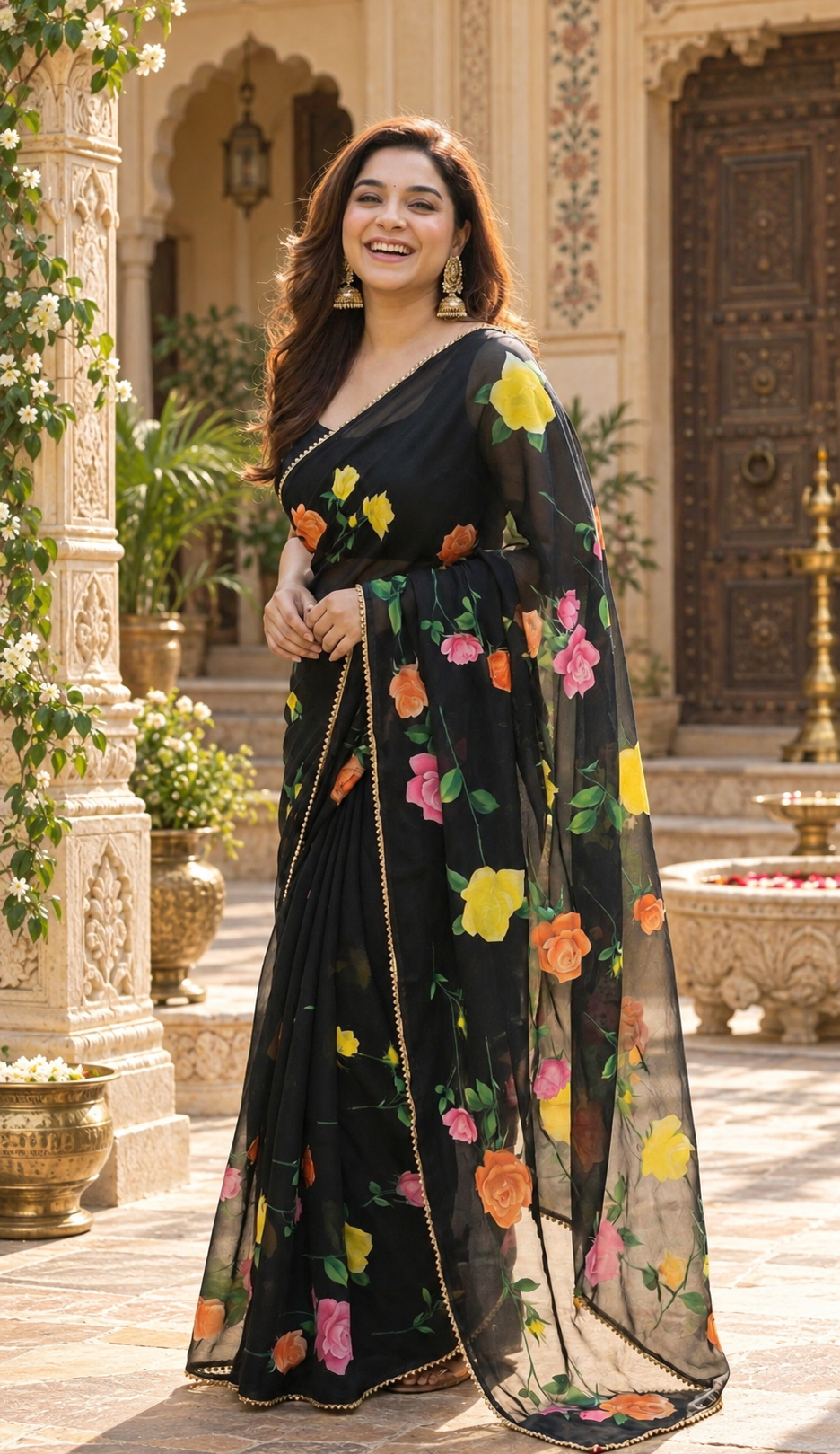 Georgette Digital Print Saree With Unstitched Blouse(Black)