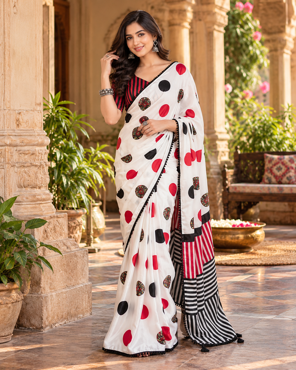 Satin Silk Printed Saree With Unstitched Blouse(white)