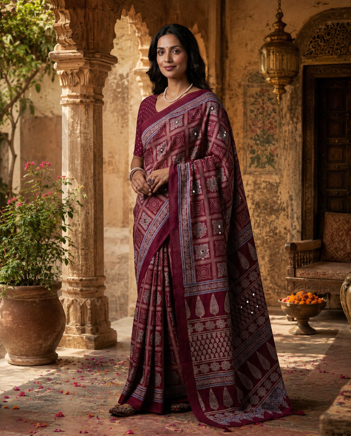Satin Silk Ajrakh Printed Saree With Unstitched Blouse(Red)