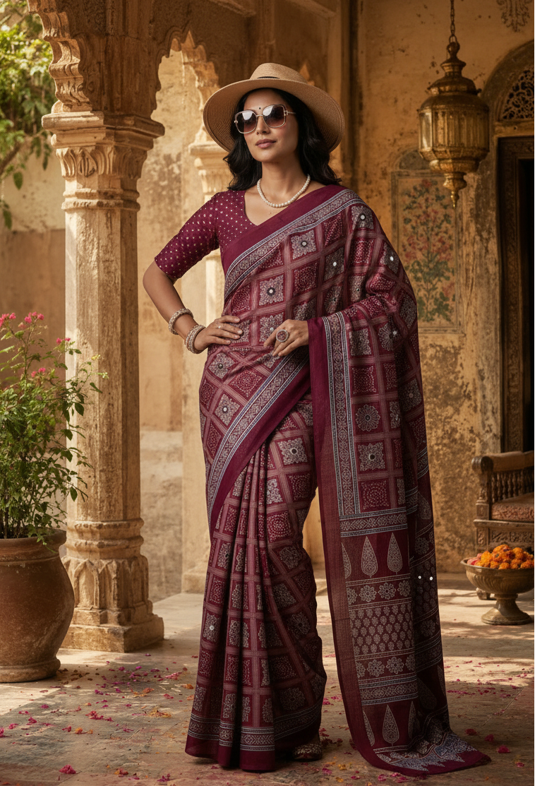 Satin Silk Ajrakh Printed Saree With Unstitched Blouse(Red)