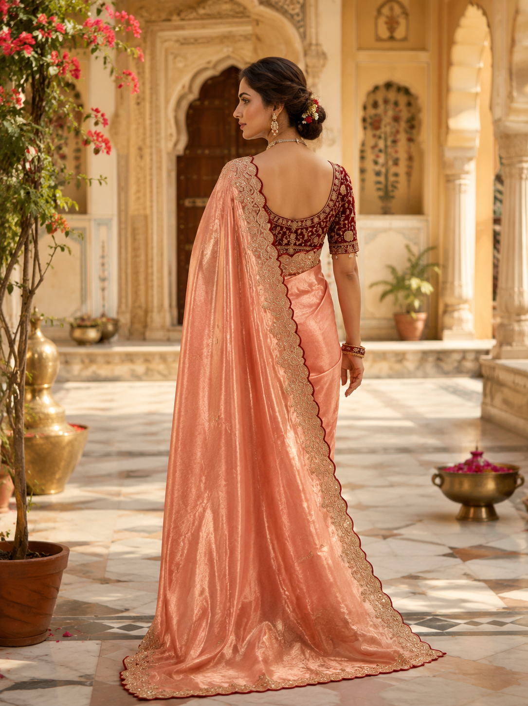 Satin Silk Embroidery Work Saree with Unstitched Blouse(Peach)