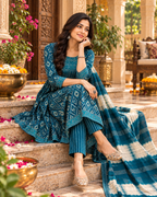Cotton Kurti Pant Set With Dupatta(Blue)