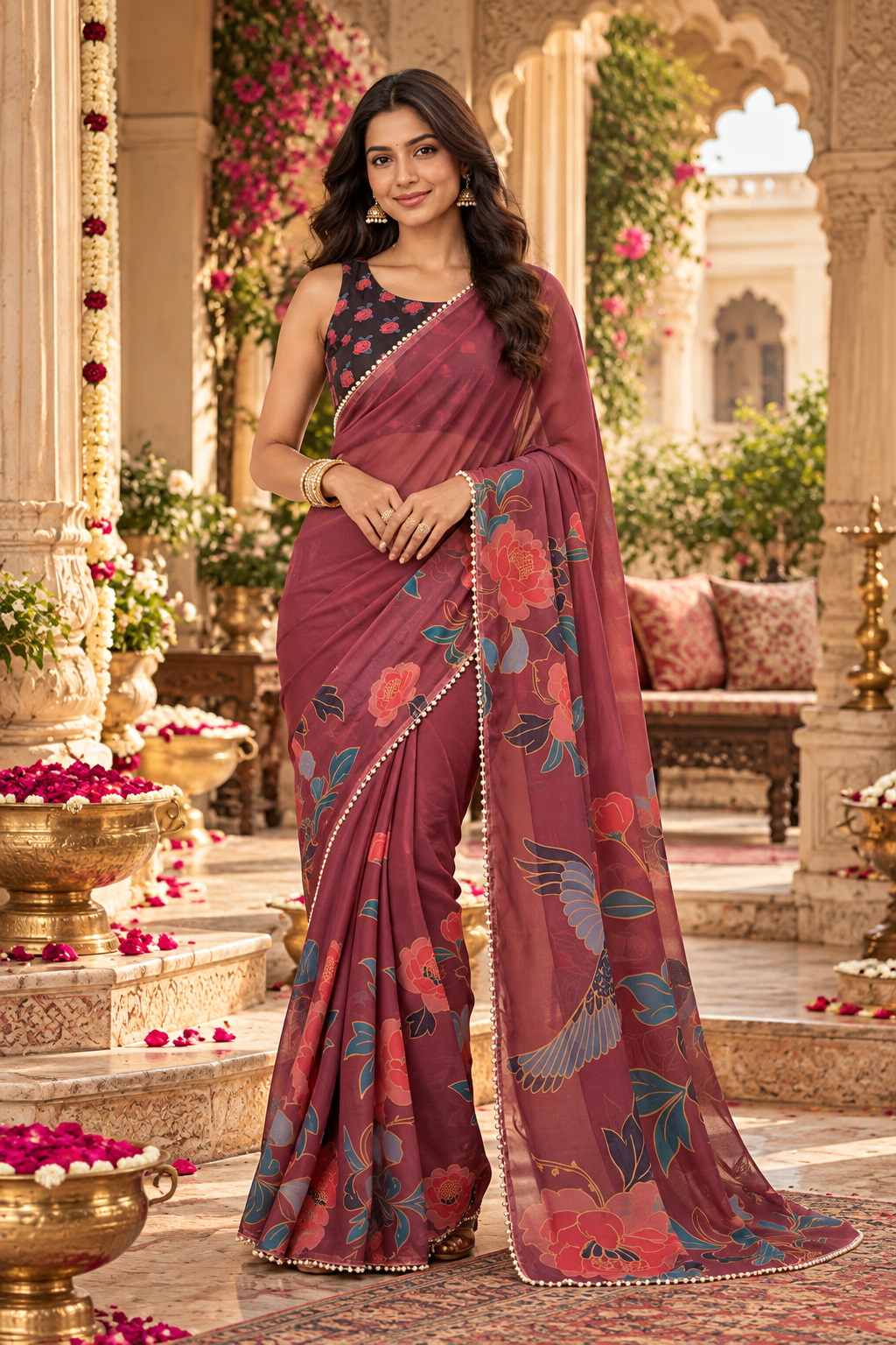 Premium Georgette Digital Print Moti Lace Work Saree With Unstitched Blouse(Brown)