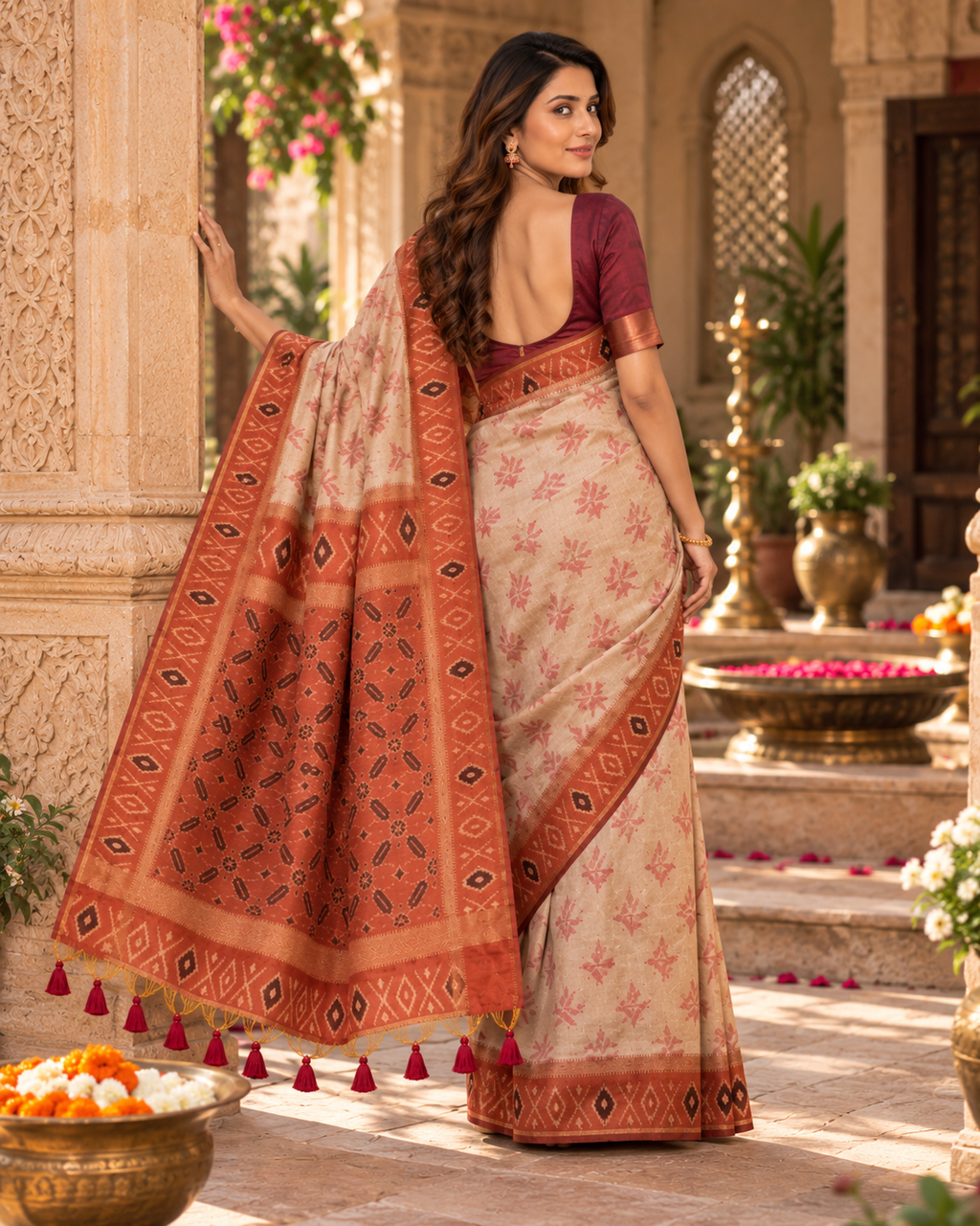 Patola Silk Floral Motif Work Saree With Unstitched Blouse(Beige)