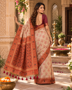 Patola Silk Floral Motif Work Saree With Unstitched Blouse(Beige)