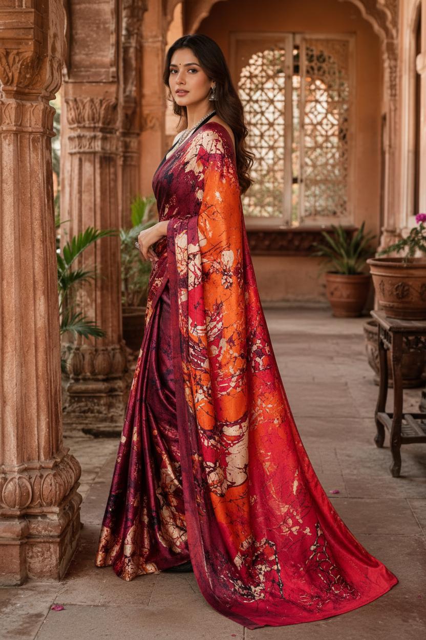 Premium Satin Silk Printed Saree With Unstitched Blouse(Maroon)