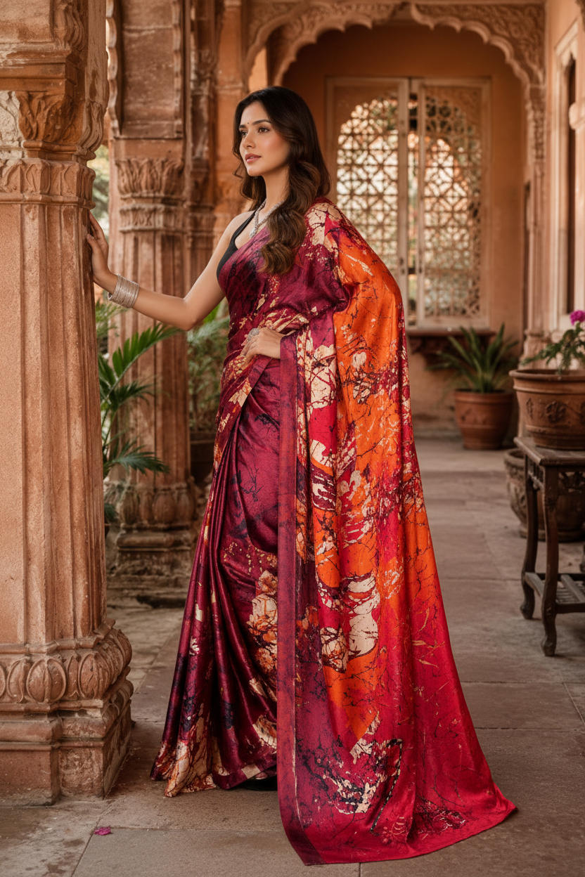 Premium Satin Silk Printed Saree With Unstitched Blouse(Maroon)