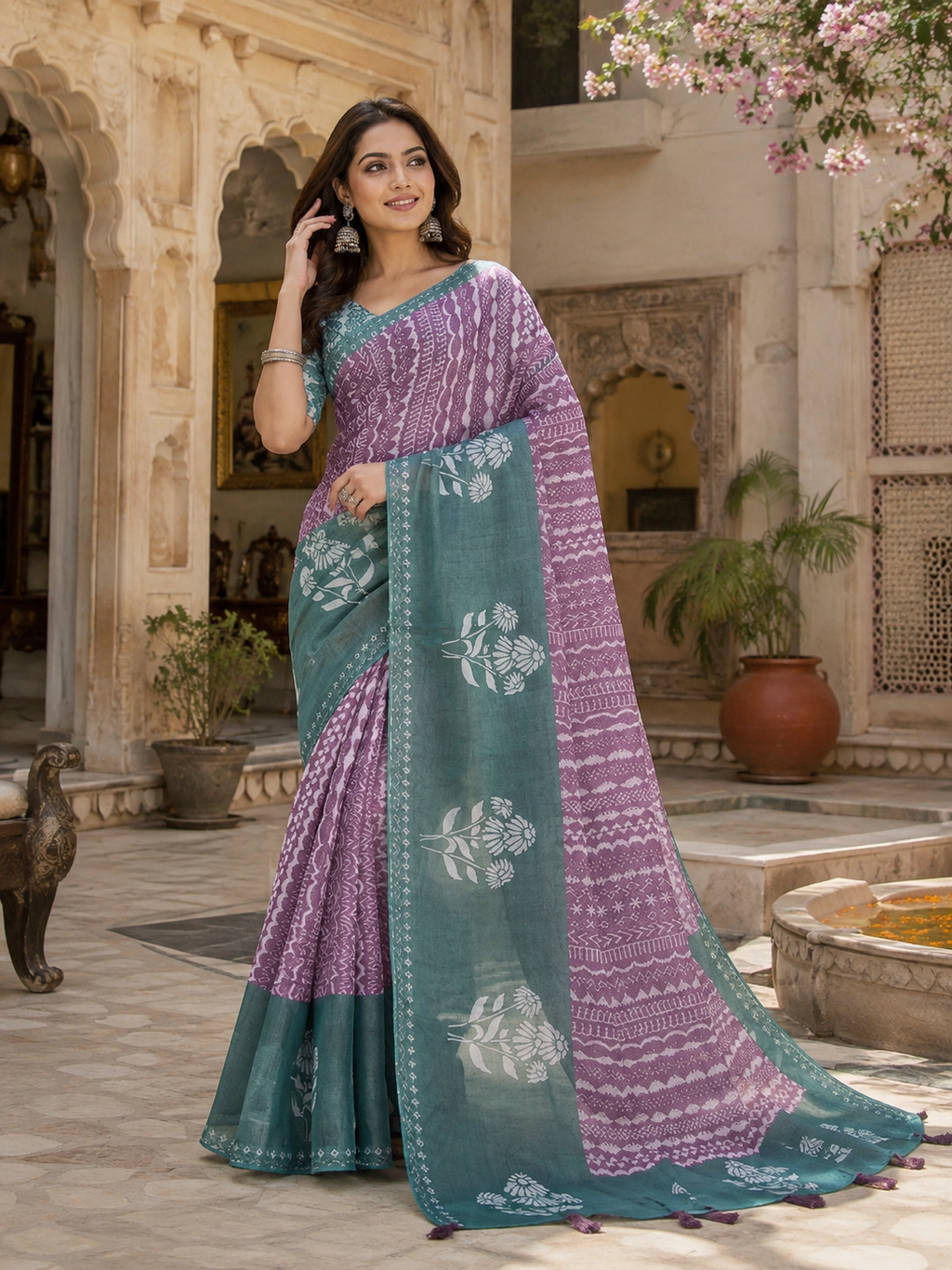 Cotton Printed Saree With Unstitched Blouse(Lavender)