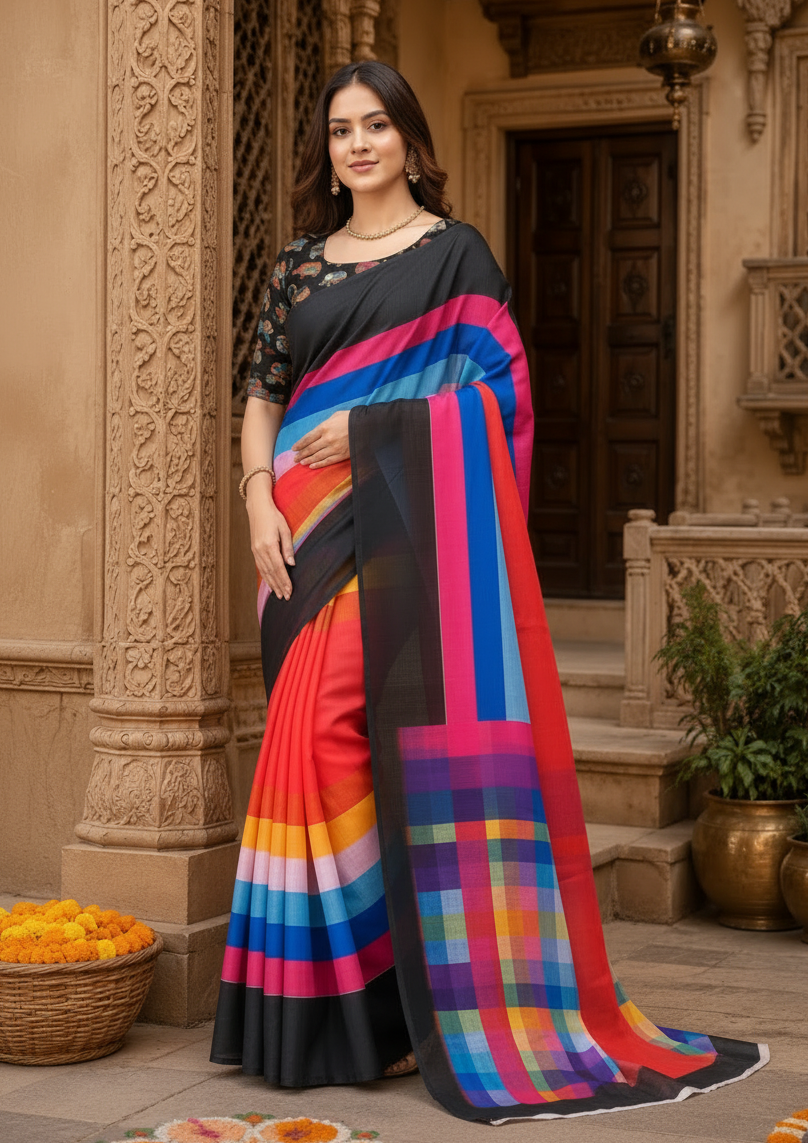 Linen Printed Saree With Unstitched Blouse(Multicolor)
