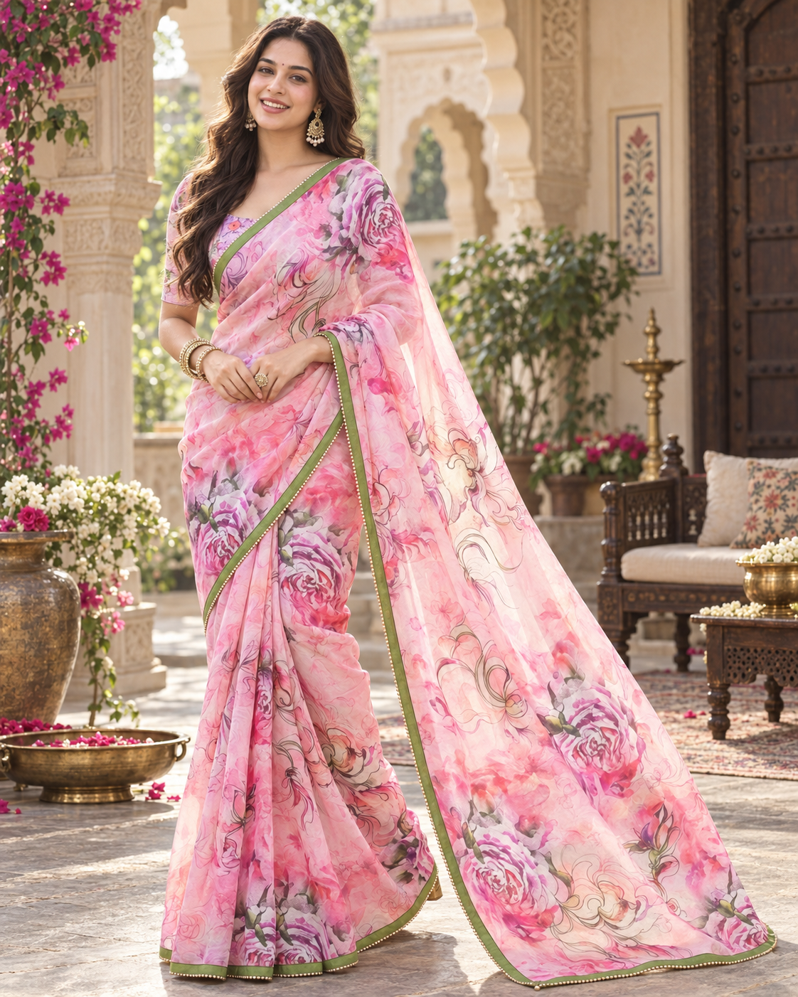 Georgette Digital Printed Saree With Unstitched Blouse(Pink)