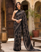 Satin Silk Printed Saree With Unstitched Blouse(Black)