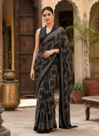 Satin Silk Printed Saree With Unstitched Blouse(Black)