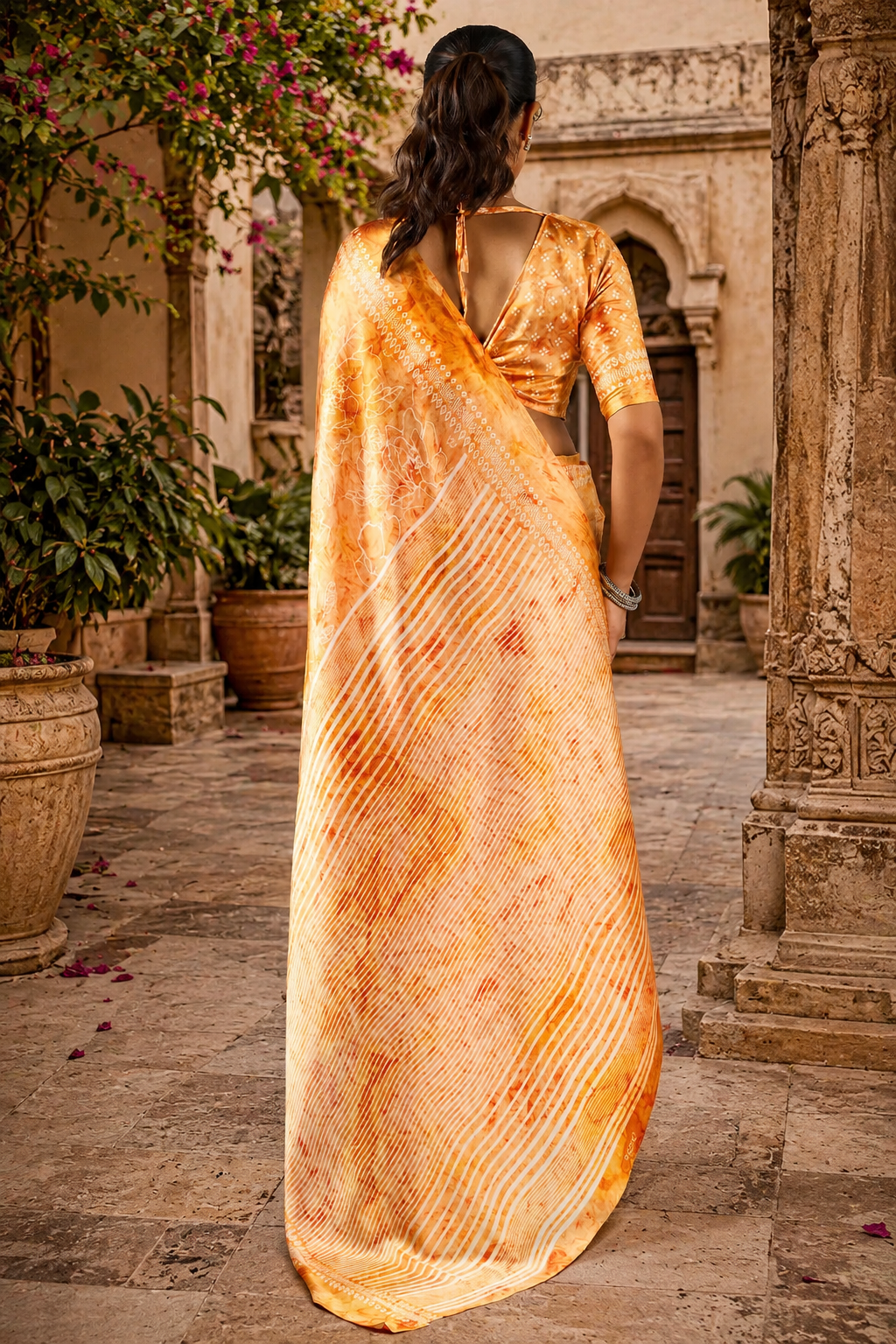 Satin Silk Ajrakh Printed Saree With Unstitched Blouse(Mustard)