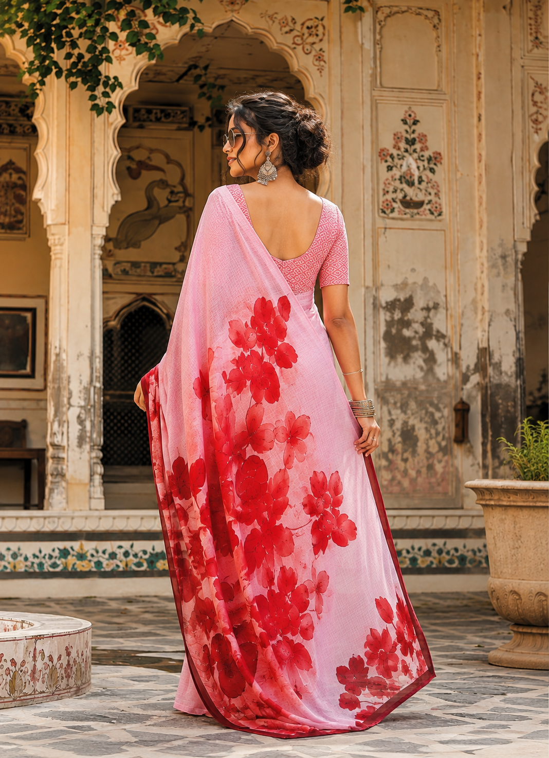 Crepe Silk Digital Print Saree With Unstitched Blouse(Pink)
