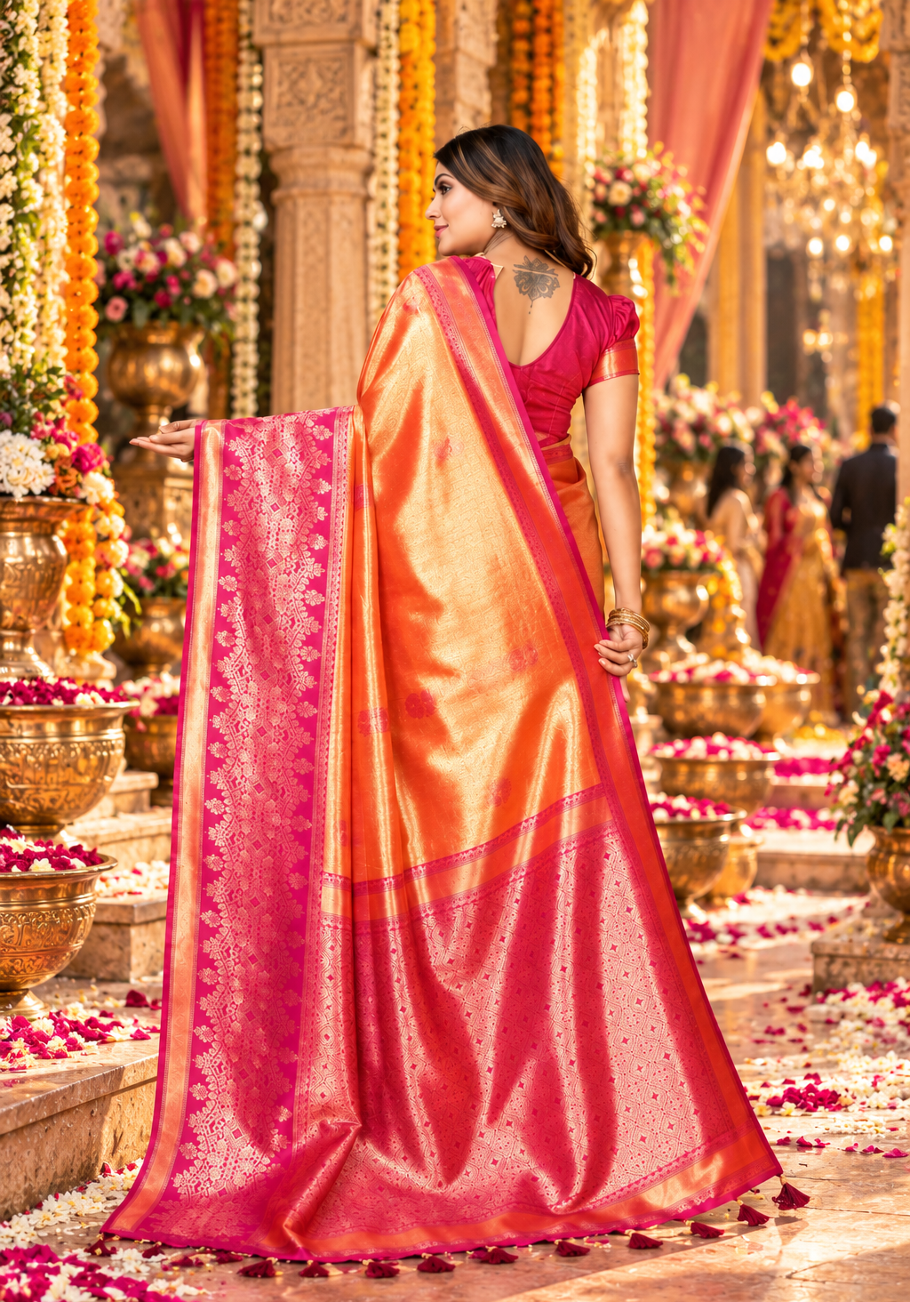 Soft Banarasi Tissue Silk Saree With Unstitched Blouse(Orange)