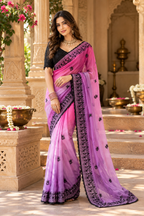 Crush Silk Embroidery Sequin Work Saree With Unstitched Blouse(Purple)