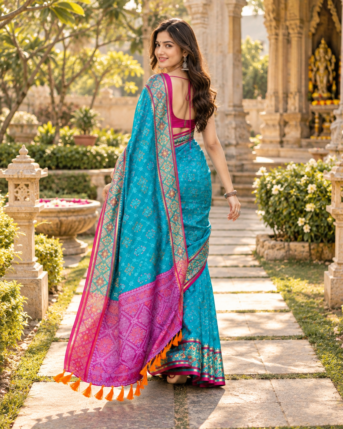 Premium Soft Silk Rangeen Patola Meenakari Rich Pallu Tassels Saree With Unstitched Blouse (Blue)