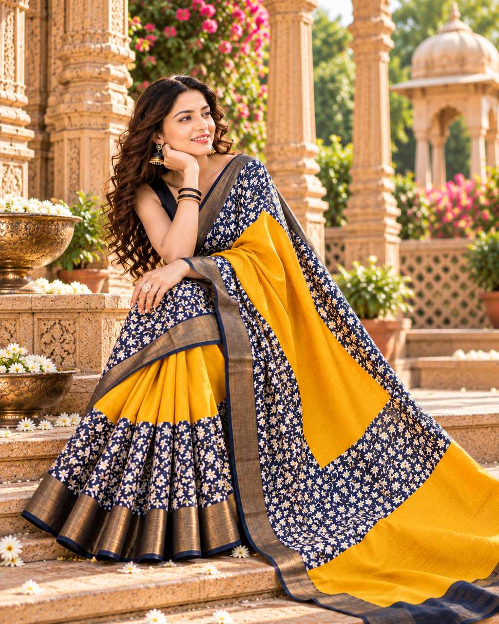 Tussar Silk Kalamkari Print Saree With Unstitched Blouse(Yellow)