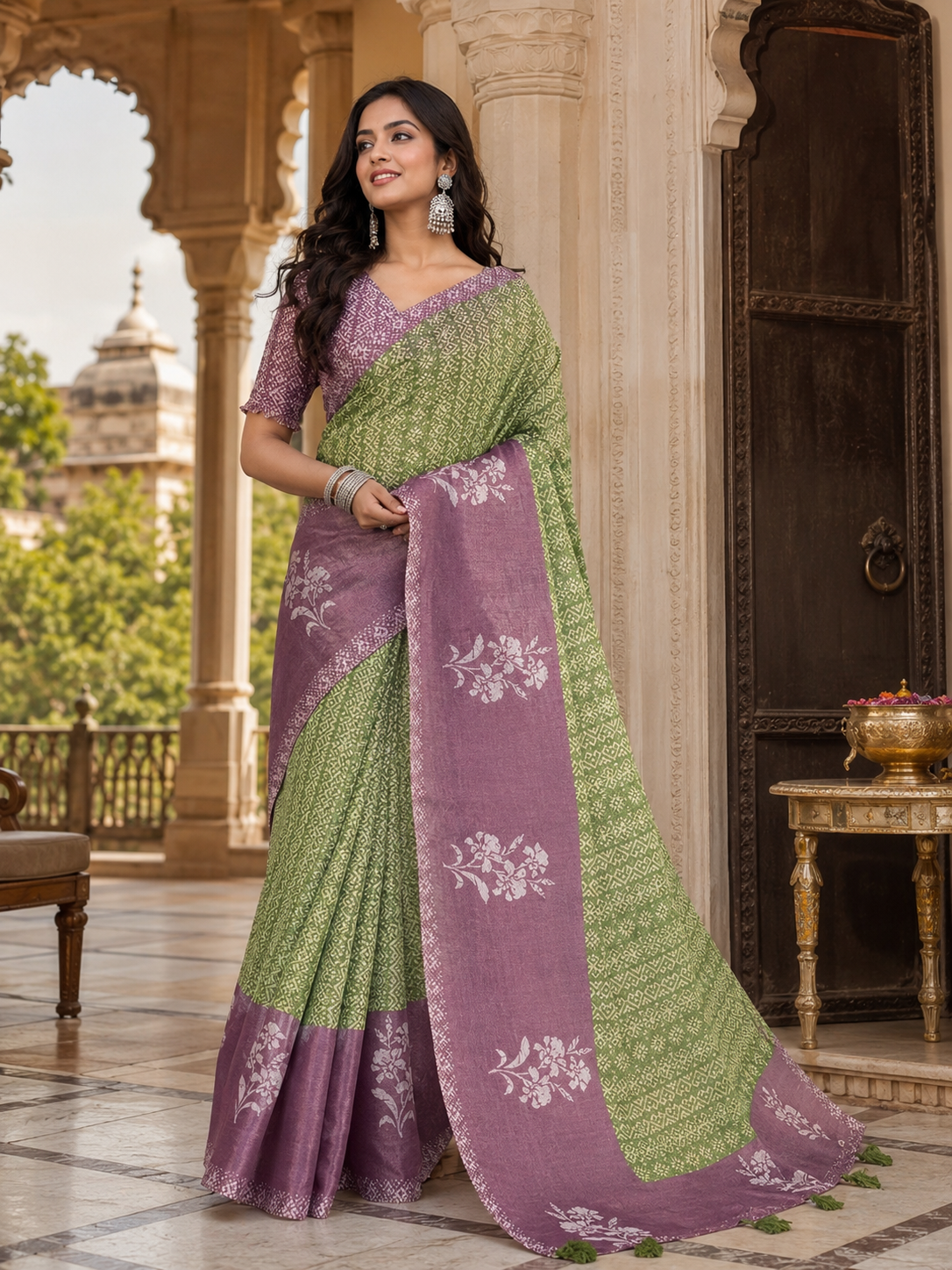 Cotton Printed Saree With Unstitched Blouse(Light Green)