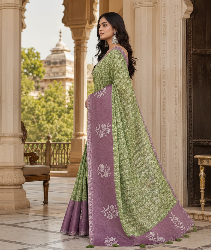 Cotton Printed Saree With Unstitched Blouse(Light Green)