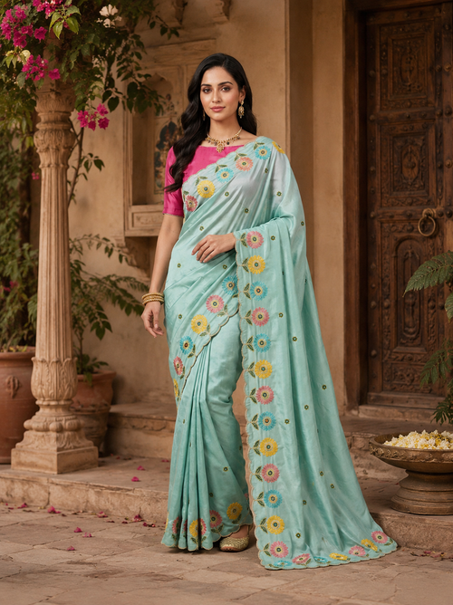 Crepe Silk Embroidery Work Zari Border Saree With Unstitched Blouse(Sky Blue)