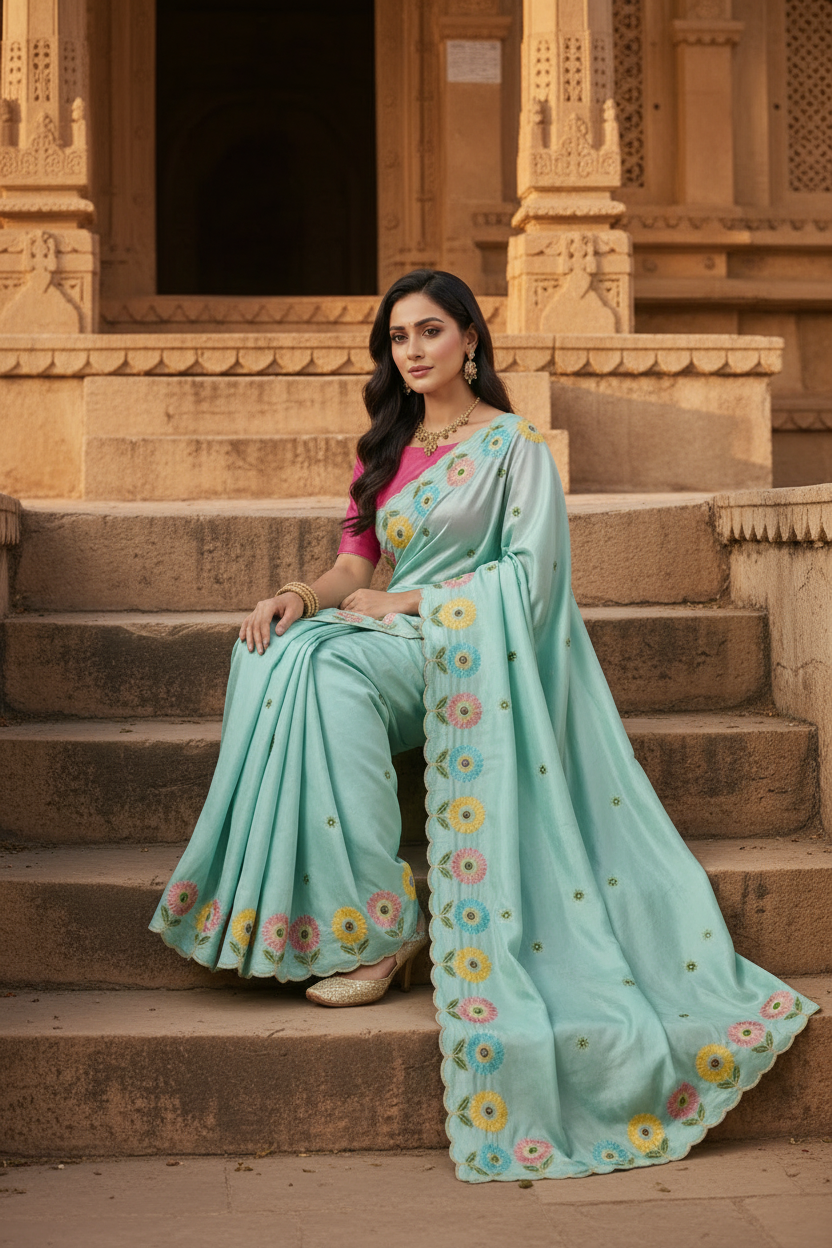 Crepe Silk Embroidery Work Zari Border Saree With Unstitched Blouse(Sky Blue)