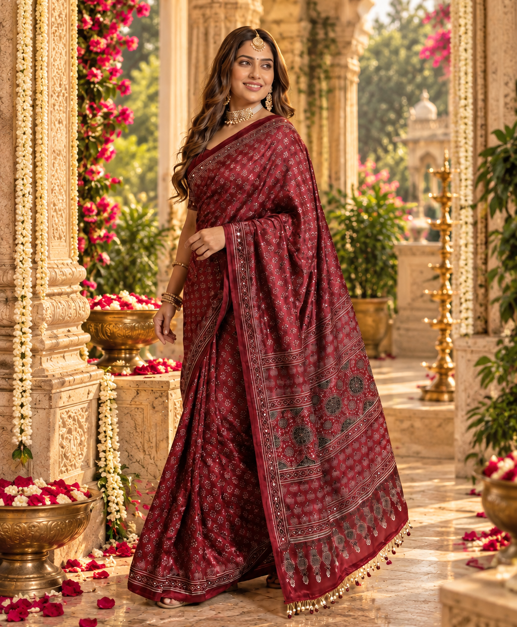 Satin Silk Ajrakh Print Mirror Work Saree With Unsitched Blouse(Red)