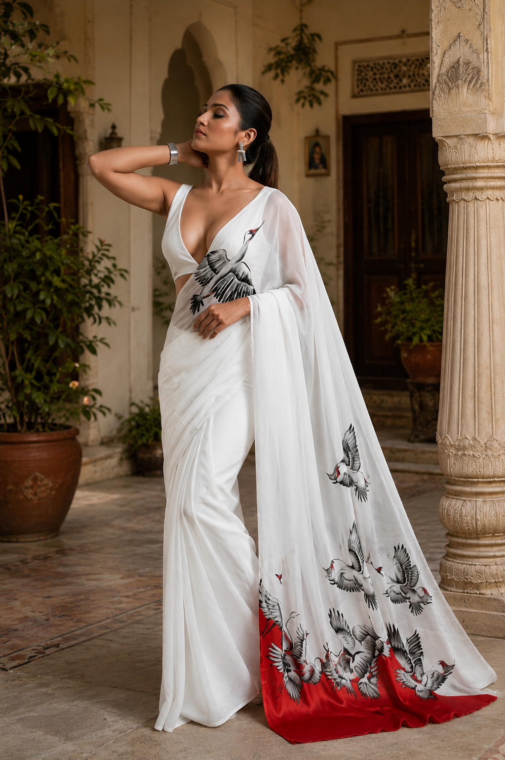 Swan Georgette Digital Print Saree Unstitched Blouse(White)