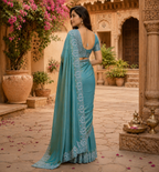 Satin Embroidery Work Saree With Unstitched Blouse(Blue)