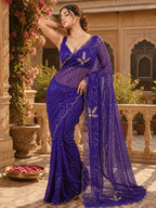 Georgette Hand Work Border Cut Saree With Unstitched Blouse(Violet)