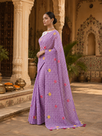 Linen Flora Chex Printed Saree With Unstitched Blouse(Lavender)