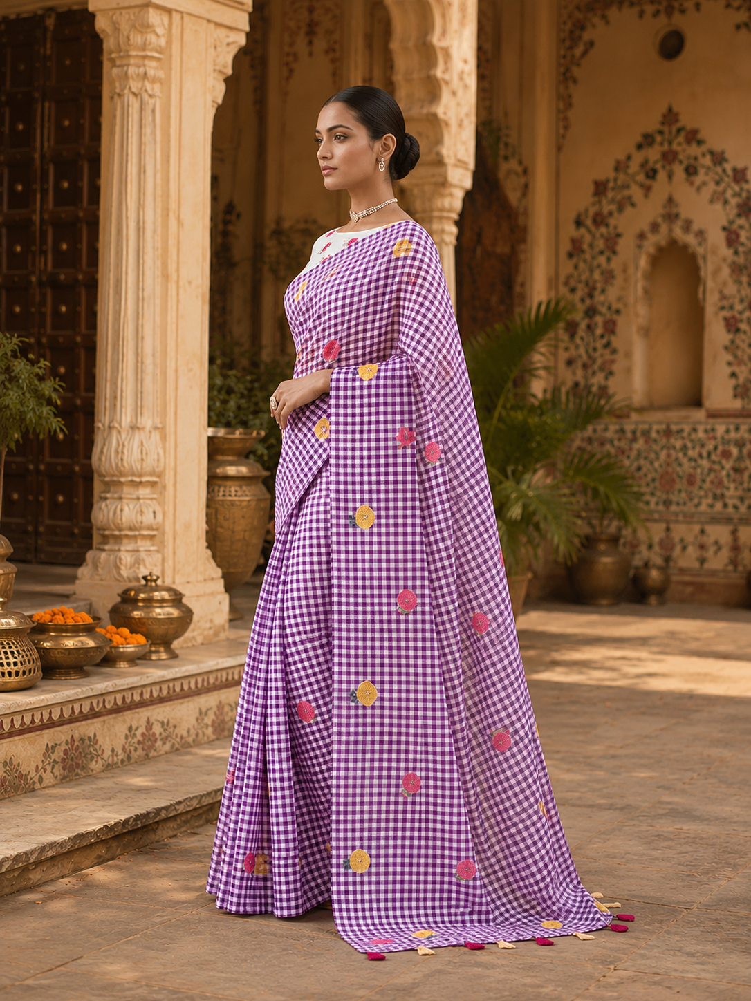 Linen Flora Chex Printed Saree With Unstitched Blouse(Lavender)