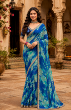 Chiffon Printed Saree With Unstitched Blouse(Blue)