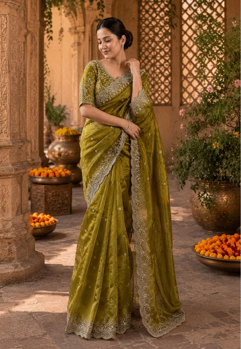 Satin Silk Embroidery Work Saree With Unstitched Blouse(Green)