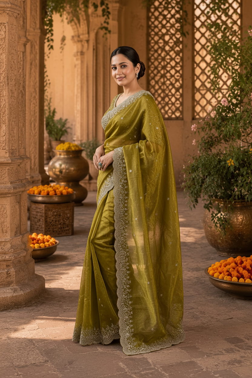 Satin Silk Embroidery Work Saree With Unstitched Blouse(Green)