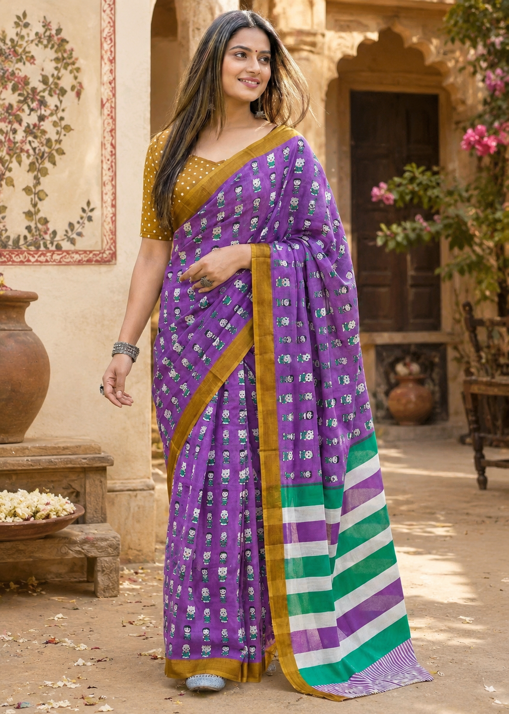 Mulmul Cotton Bagru Block Print Saree With Unstitched Blouse(Purple)
