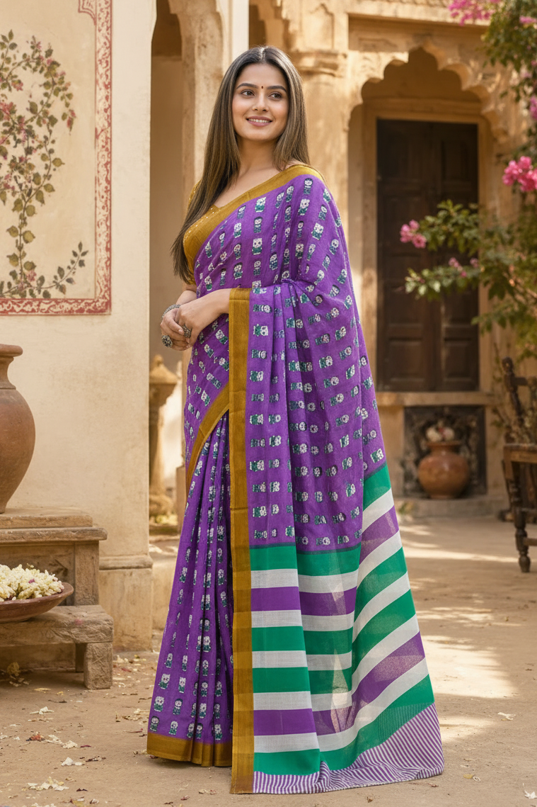 Mulmul Cotton Bagru Block Print Saree With Unstitched Blouse(Purple)