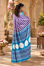 Satin Silk Ajrakh Printed Saree With Unstitched Blouse(Purple)