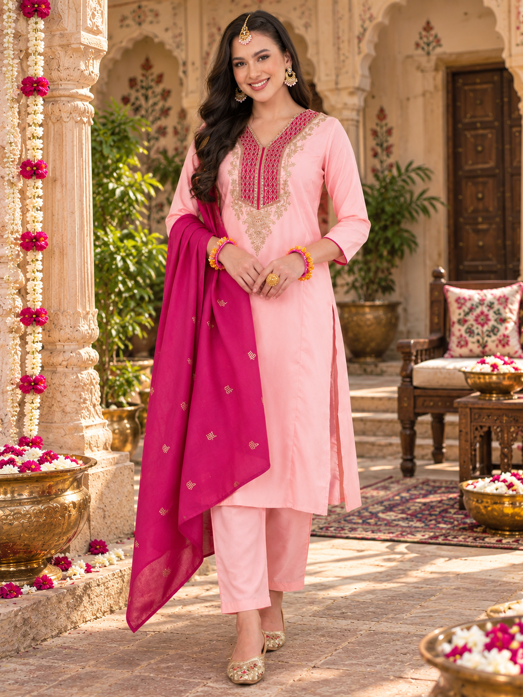 Simar Silk Party Wear Kurti Palazzo Set With Dupatta(Pink)