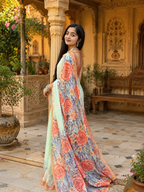 Linen Floral Printed Saree With Unstitched Blouse(Green)