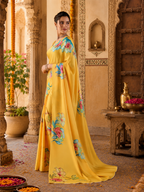 Satin Georgette Floral Digital Printed Saree With Unstitched Blouse(Yellow)
